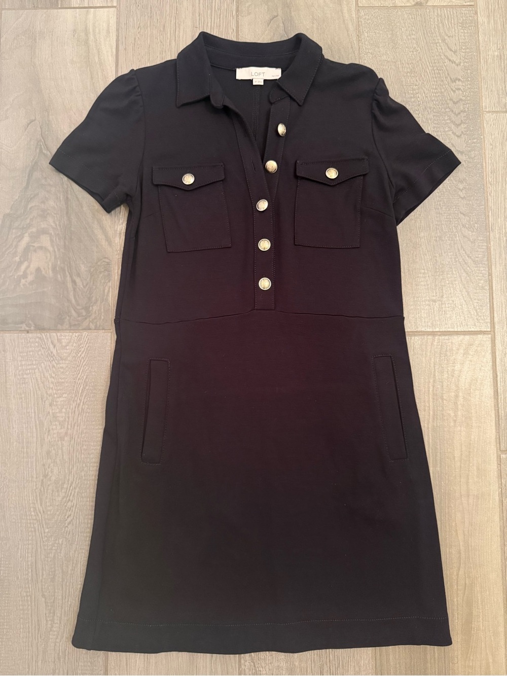Black Short-Sleeve Shirt Dress with Gold Buttons - Picture 4 of 10
